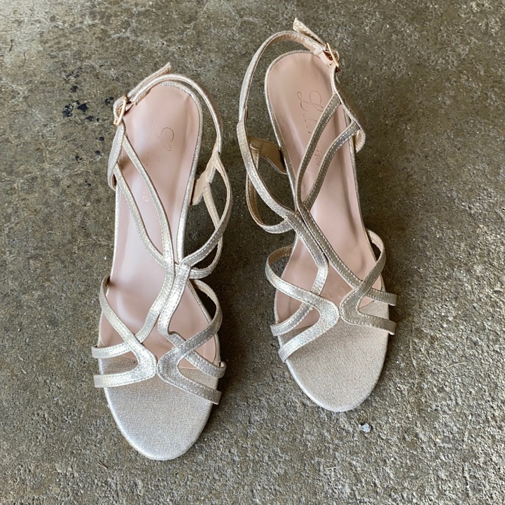 Gold shimmery heels and Gap sandals